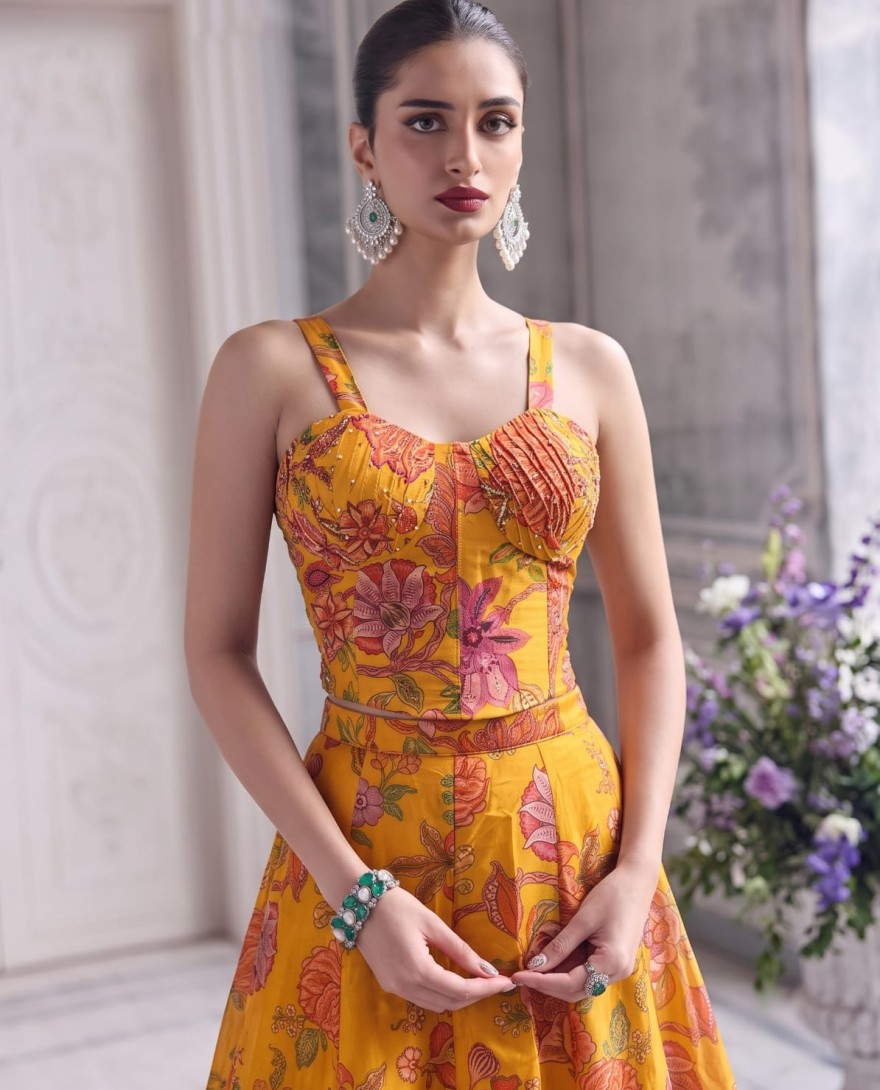 YELLOW - Mustard Floral Tabby Organza Party Wear Lehenga Set